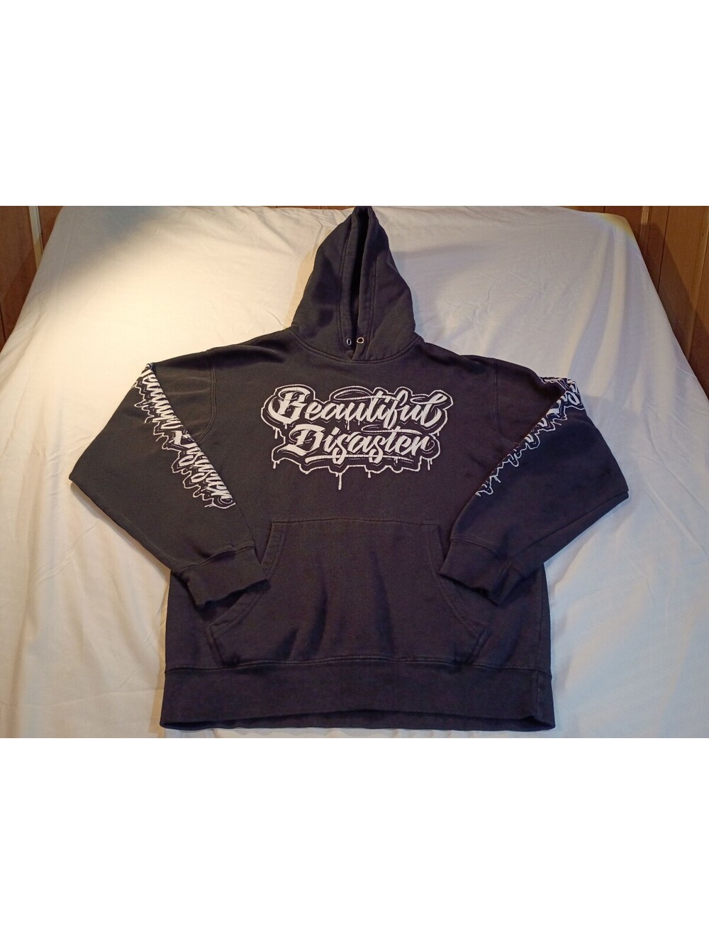 Beautiful Disaster Black Pullover Hoodie with Graphic Print, Size Large